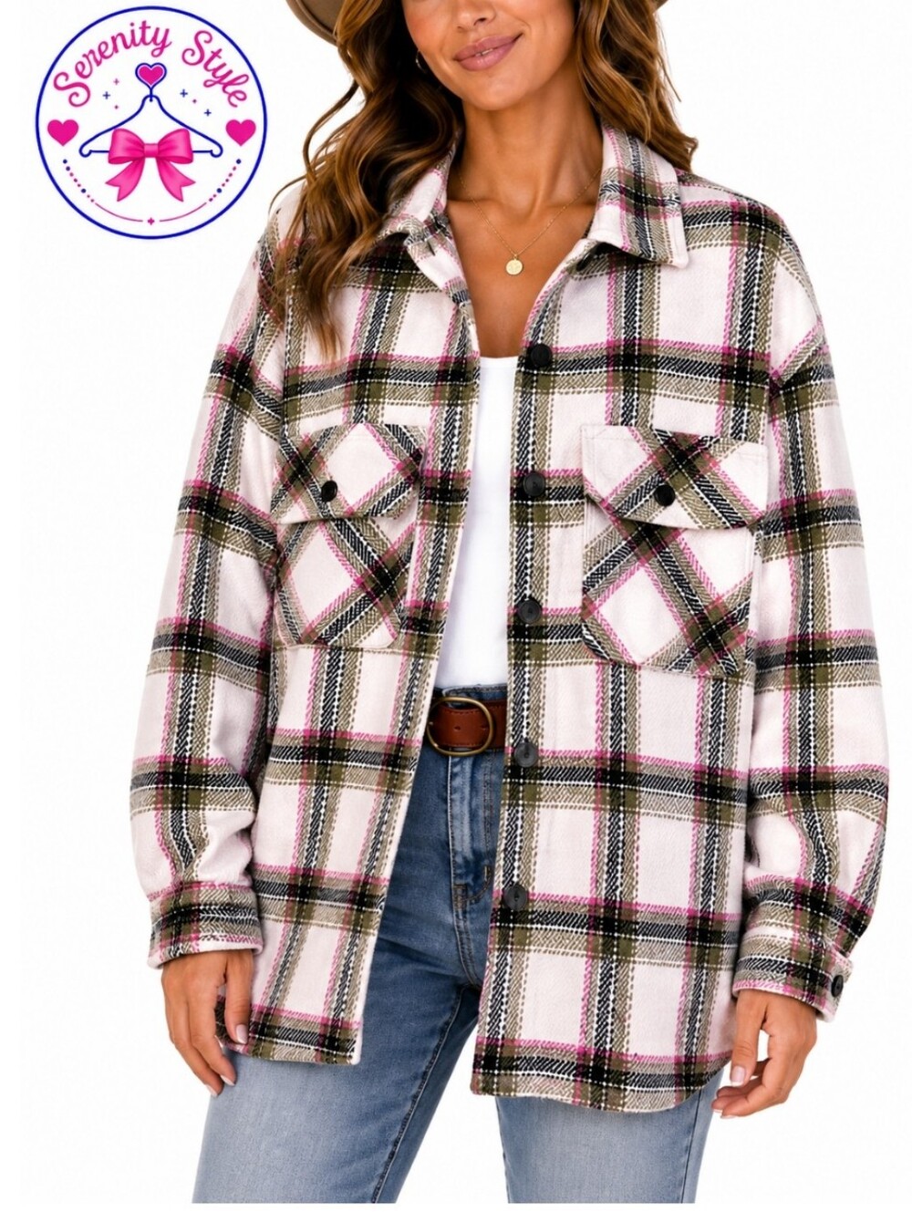 Ultra Flirt Plaid Jacket Shacket  Women 1X Cream Green Pink Lagenlook